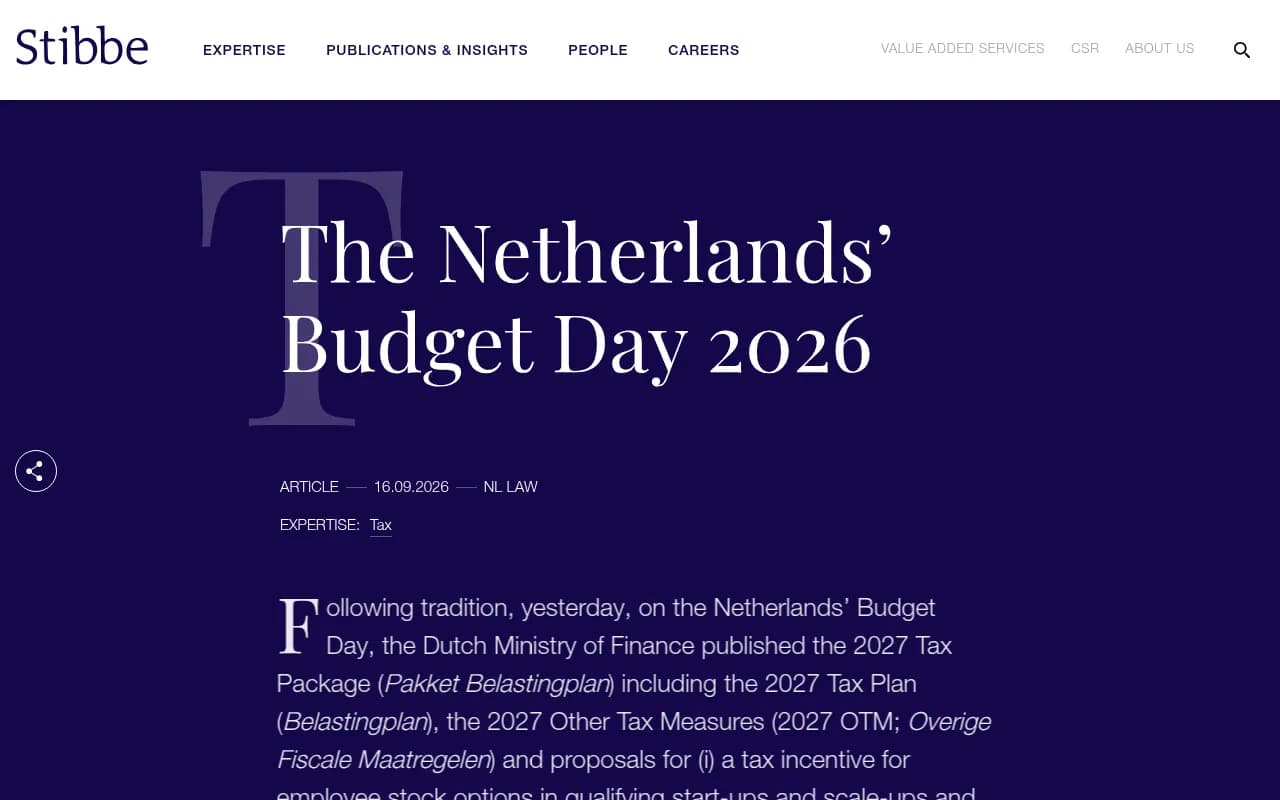 Stibbe's summary of the Netherlands Budget Day 2026 and the 2027 Tax Package