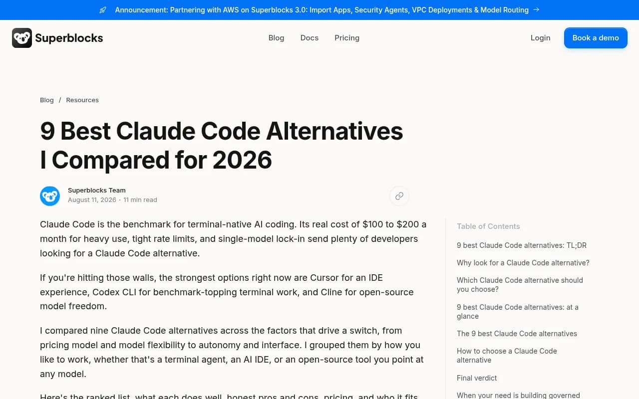 Superblocks comparison of Claude Code alternatives, useful context on how developers choose between coding agents