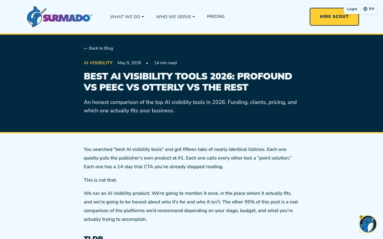 AI visibility tools market overview from Surmado's 2026 comparison, showing funding levels and positioning of major platforms