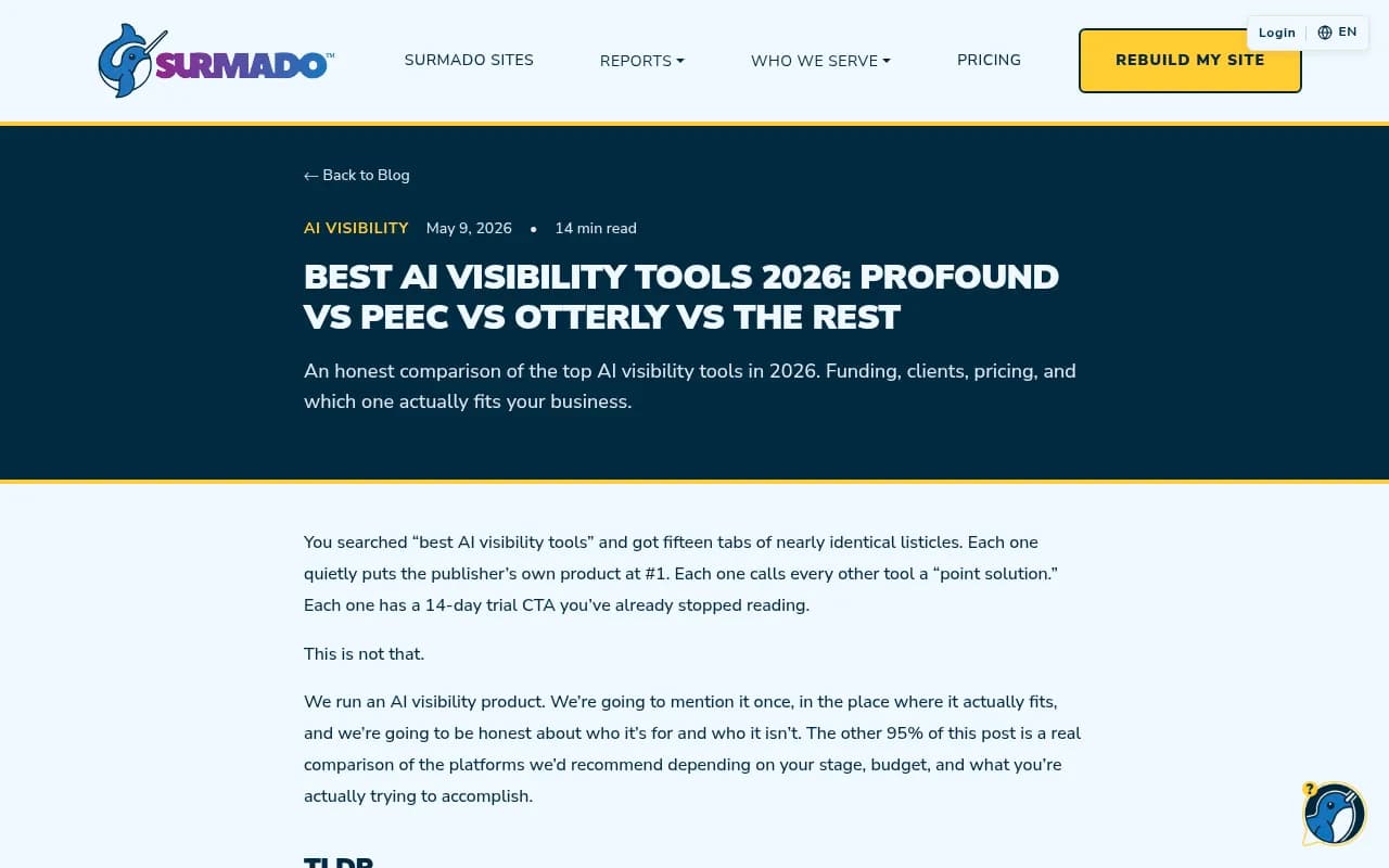 Comparison chart from a 2026 AI visibility tools roundup showing how tools like Peec AI rank against competitors on pricing and features