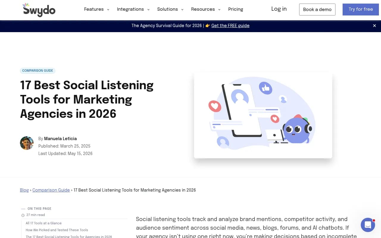 Swydo's 2026 comparison of social listening tools for agencies, with pricing and ratings side by side