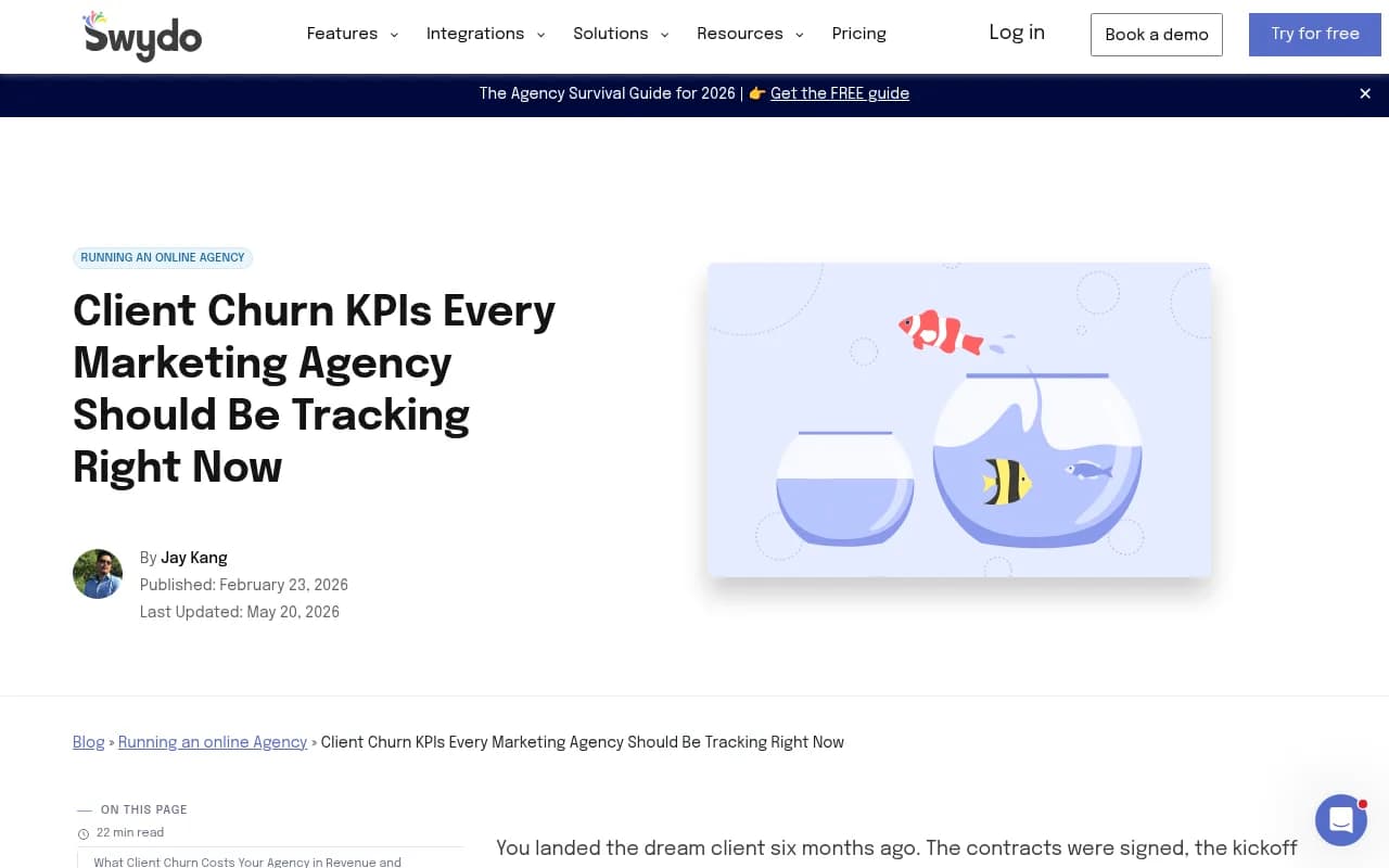 Swydo's breakdown of client churn KPIs and the bucket-with-holes analogy for agency retention