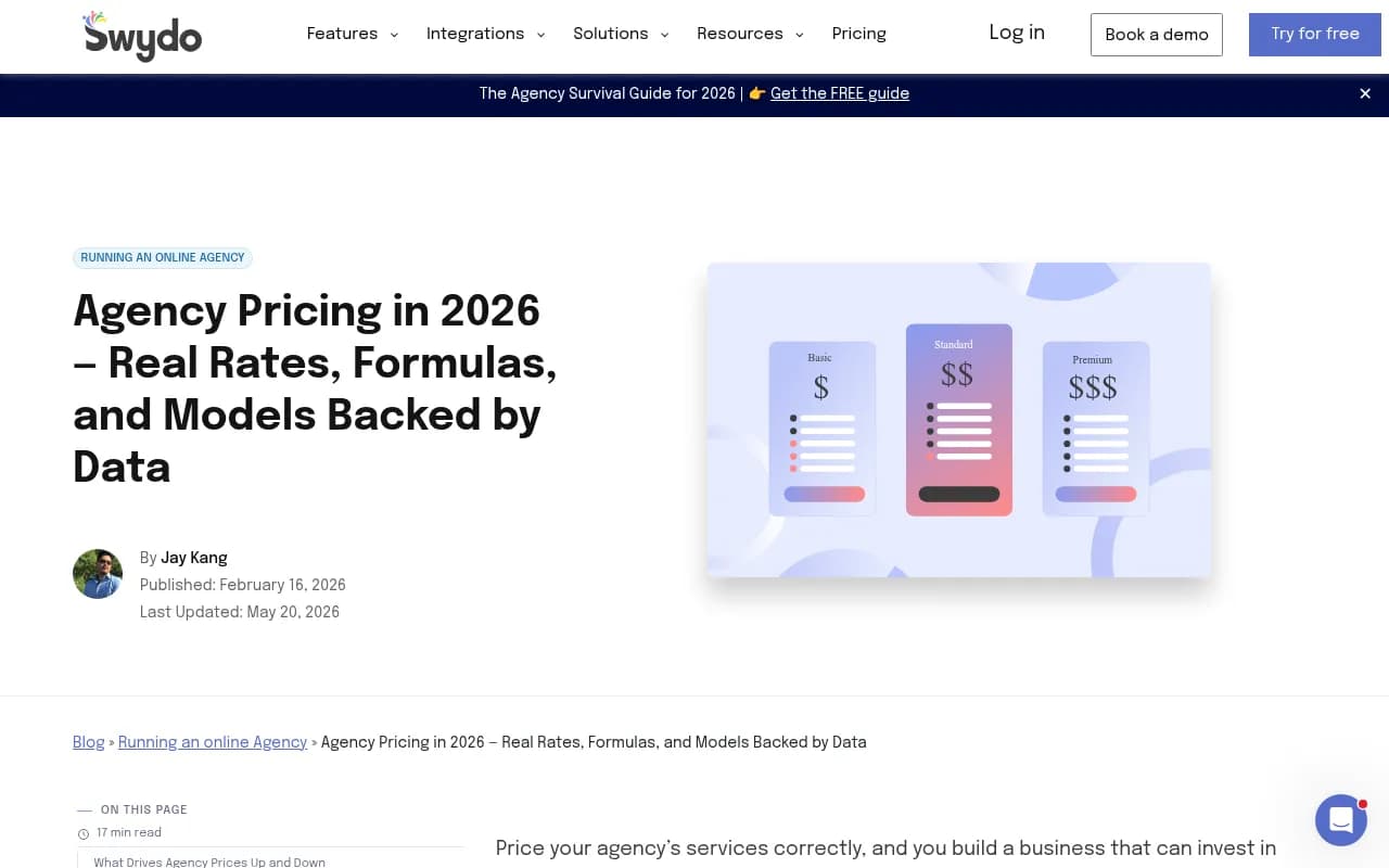 Swydo's agency pricing guide, with benchmarks for SEO, content and PR retainers