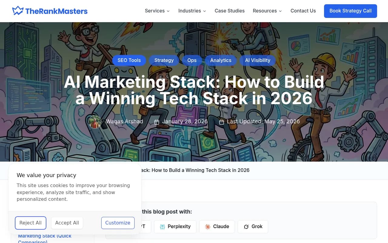 AI marketing stack framework showing HubSpot, GA4, Ahrefs, and AI visibility tools