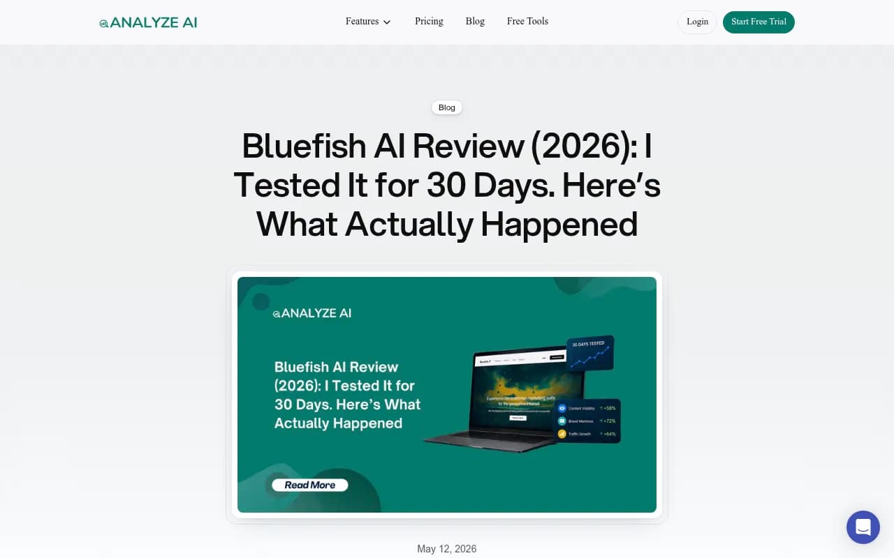 The 30-day hands-on Bluefish AI test published by tryanalyze.ai, one of the few independent reviews based on real time spent inside the product