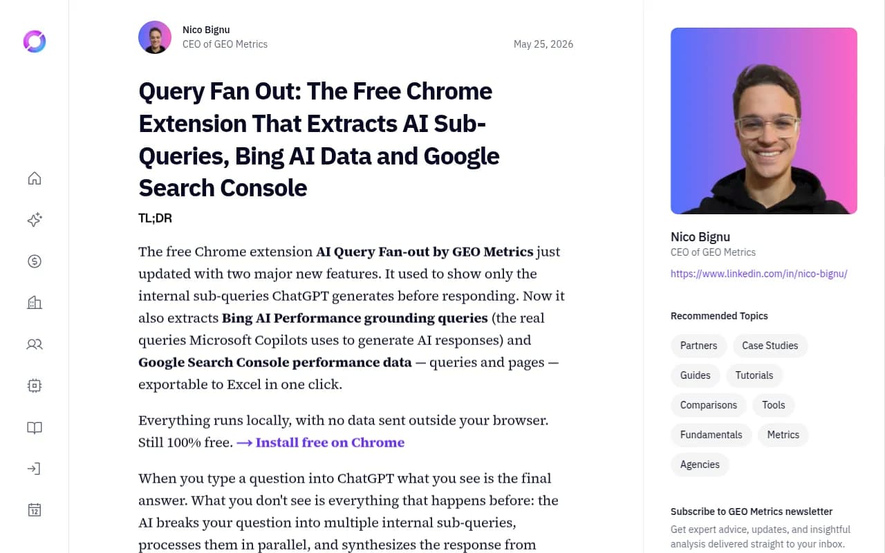 The GEO Metrics blog post describing its AI Query Fan-out extension with Bing and Search Console modules