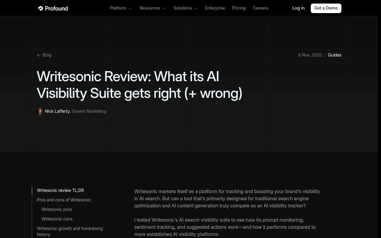 Writesonic AI Visibility Suite review from Profound's blog, showing a critical analysis of its GEO tracking features