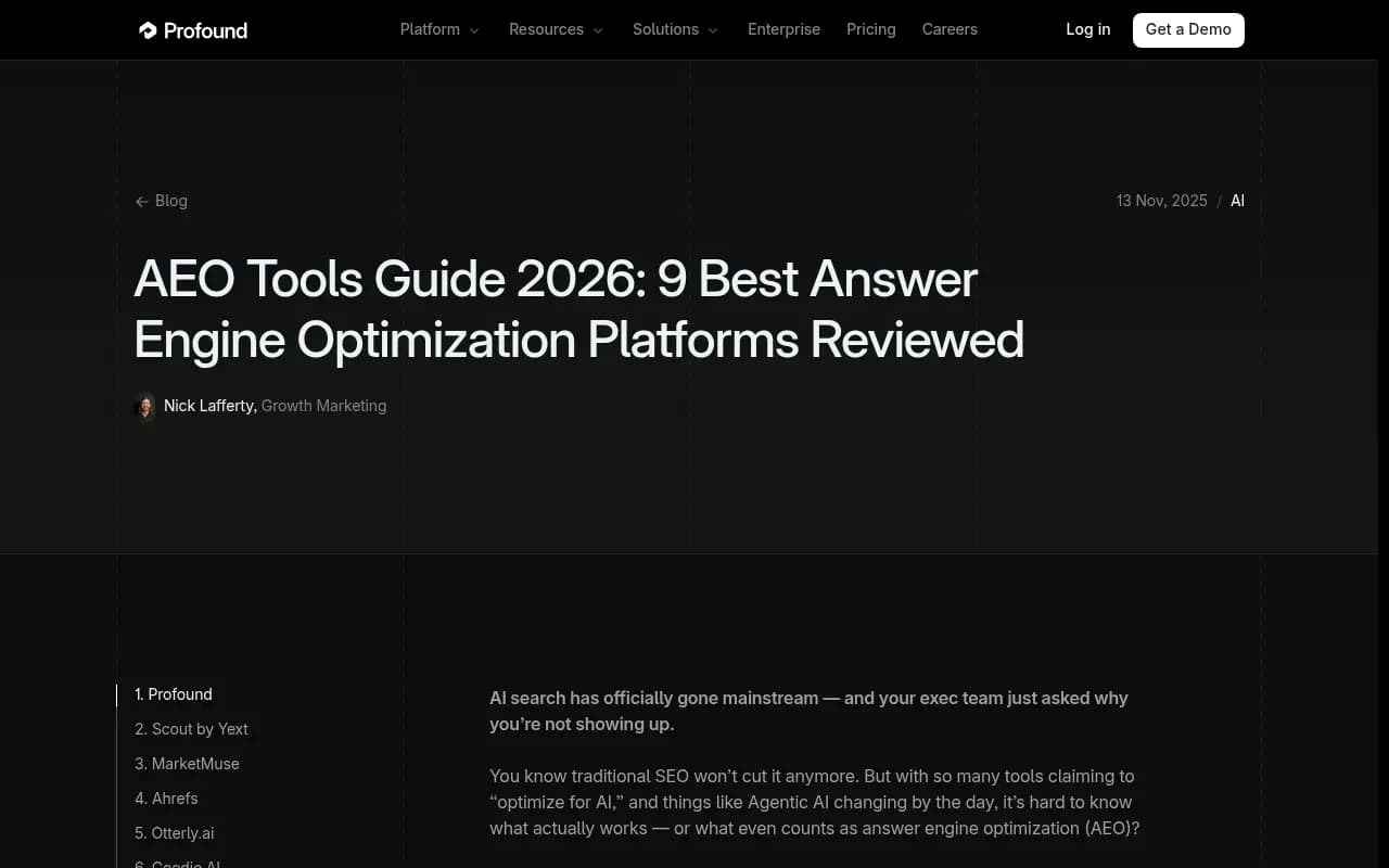AEO Tools Guide 2026 from Profound -- comparing platforms across monitoring, creation, and compliance dimensions