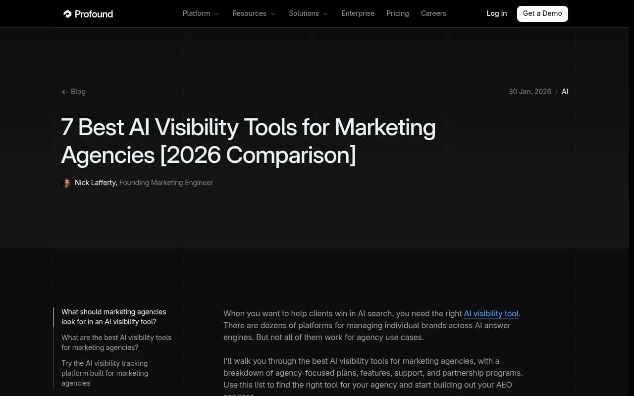 Profound blog page showing the 7 Best AI Visibility Tools for Marketing Agencies comparison article