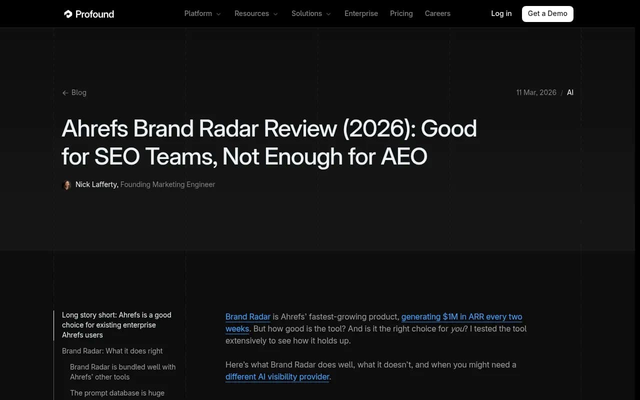 Ahrefs Brand Radar review from Profound's blog, highlighting the gap between monitoring and action