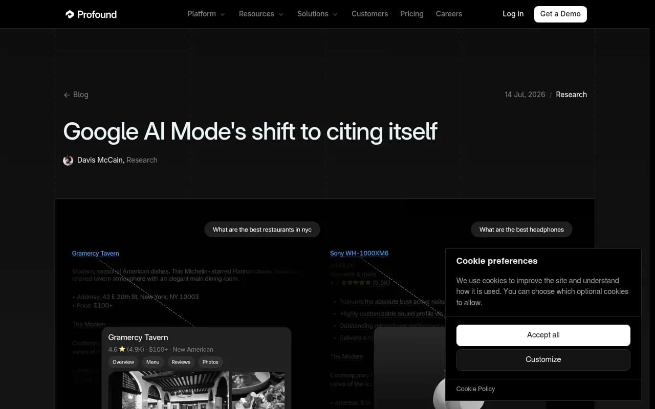 Profound's research on google.com becoming one of AI Mode's most-cited domains, driven by Business Profiles and Product Knowledge Panels