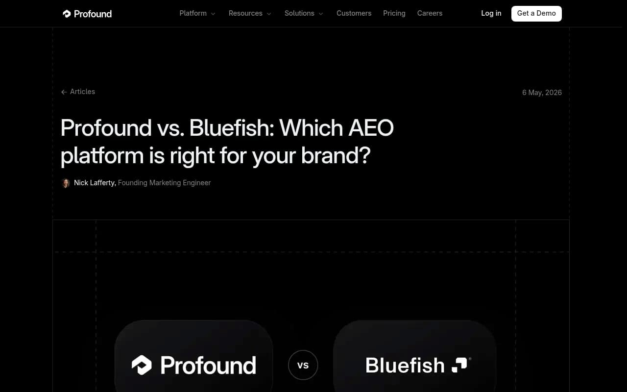 Head-to-head comparison of Profound and Bluefish capabilities, including prompt configuration, citation tracking, and content workflows