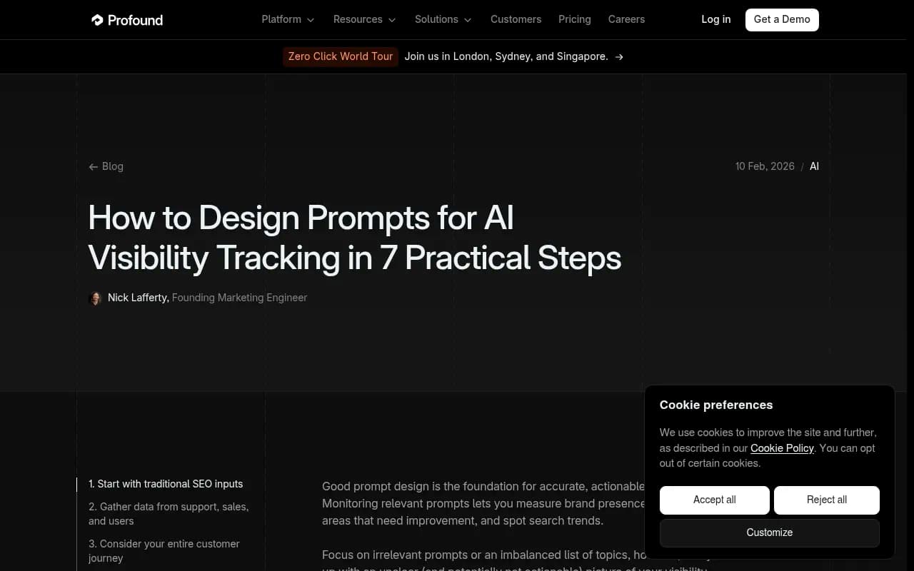 Profound's guide on designing prompts for AI visibility tracking, showing how to convert SEO keywords into conversational question-style prompts
