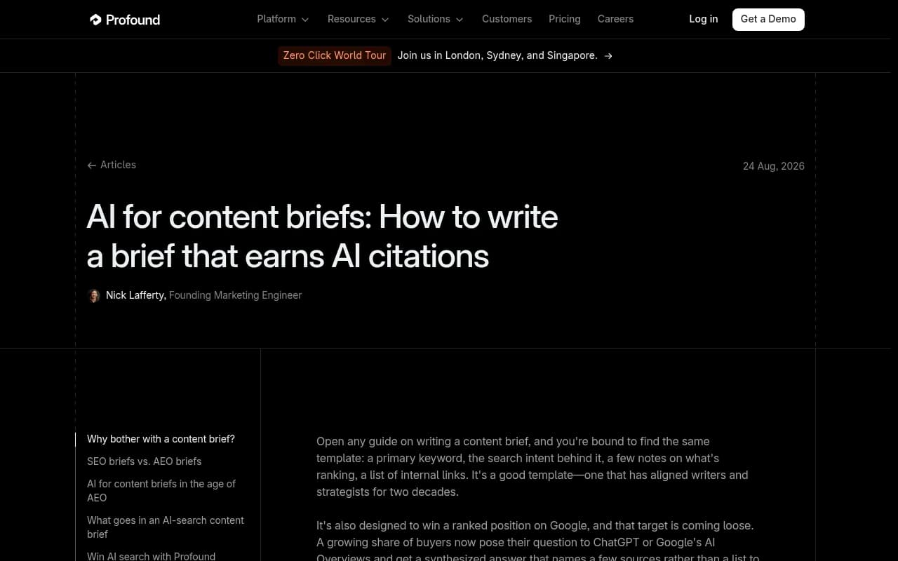 Profound's article on writing content briefs that earn AI citations, comparing SEO and AEO briefs