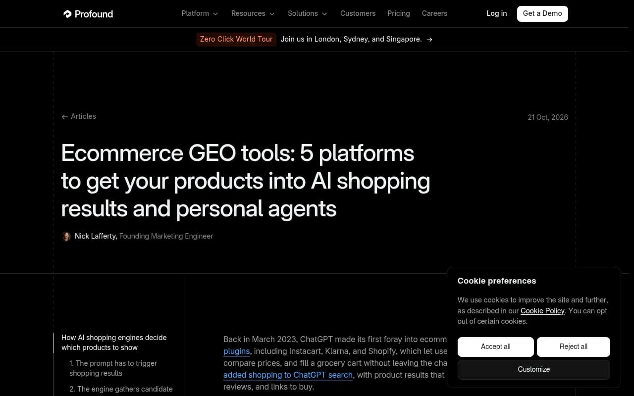 Profound's article on ecommerce GEO tools, covering how AI shopping engines pick products