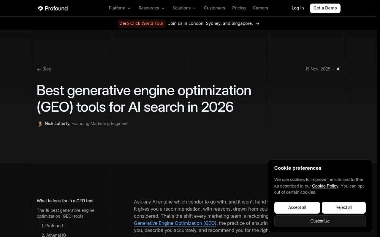 Profound's guide to the best generative engine optimization tools, with a comparison table of platforms