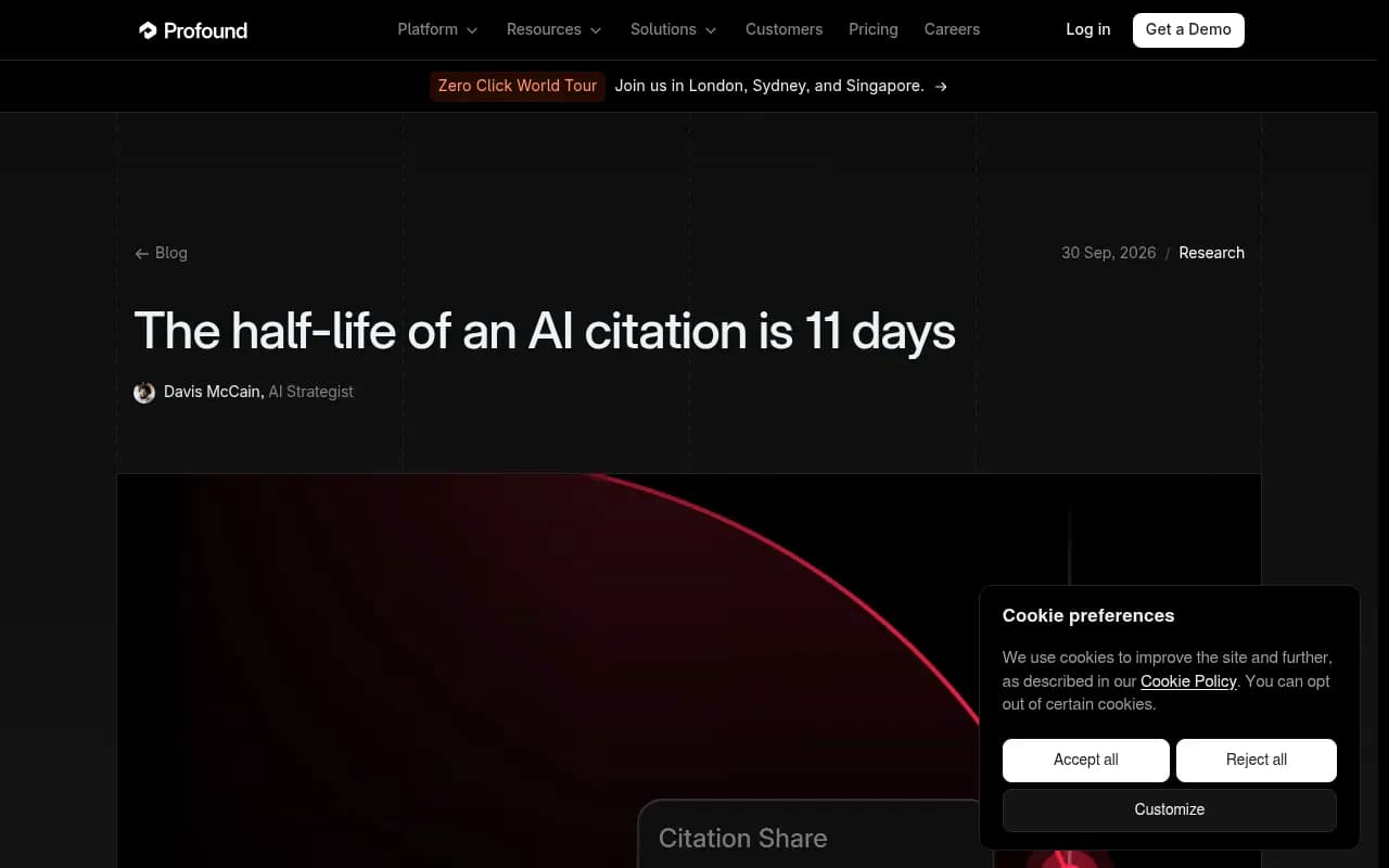 Profound's research post on the half-life of an AI citation