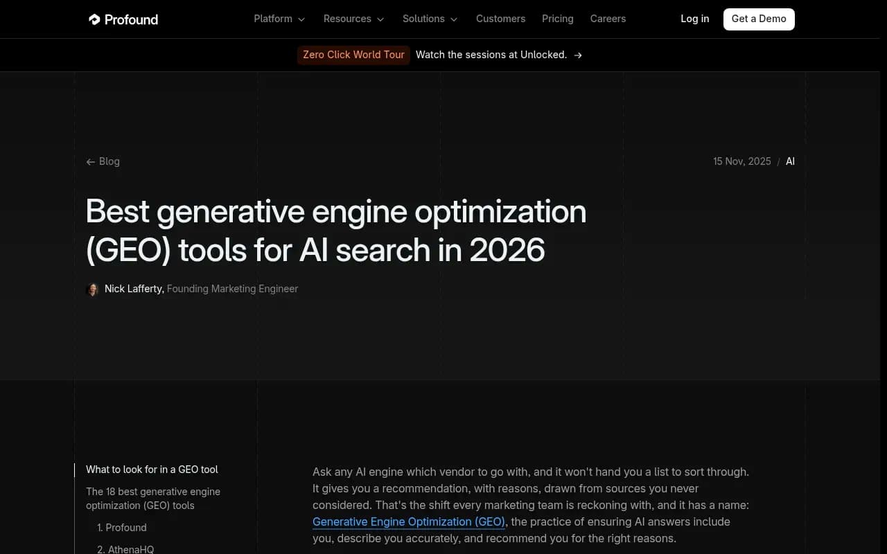 Profound's guide to GEO tools, an example of vendor-written comparison content
