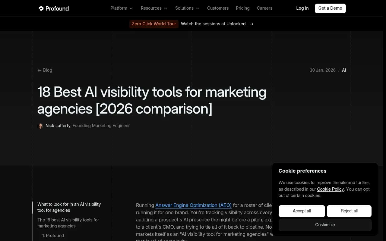 Profound's comparison of AI visibility tools for marketing agencies, showing how vendor-authored roundups frame the category