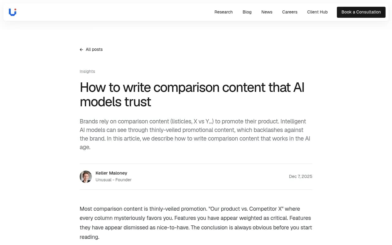 Unusual's article on writing comparison content that AI models trust
