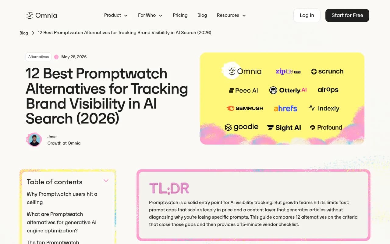 Omnia blog comparing Promptwatch alternatives, showing the GEO tool landscape in 2026