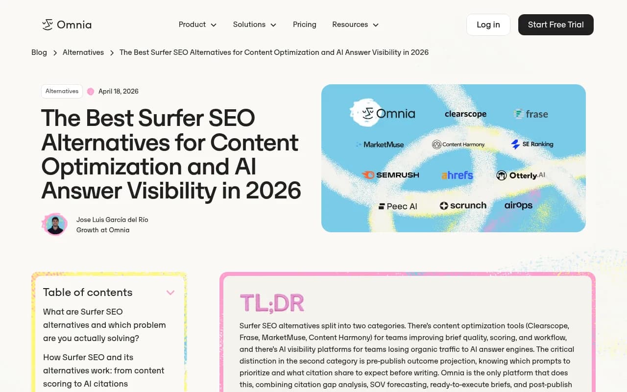 Omnia's roundup of Surfer SEO alternatives, one of several vendor-written comparisons we cross-checked against primary pricing pages