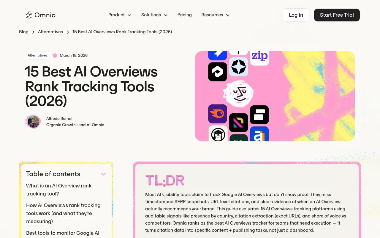 Omnia's comparison of AI Overviews rank tracking tools, which stresses timestamped SERP snapshots and URL-level citations