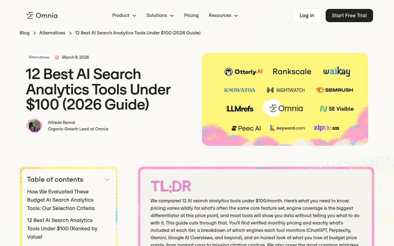 Omnia's guide to AI search analytics tools under $100, ranked by value