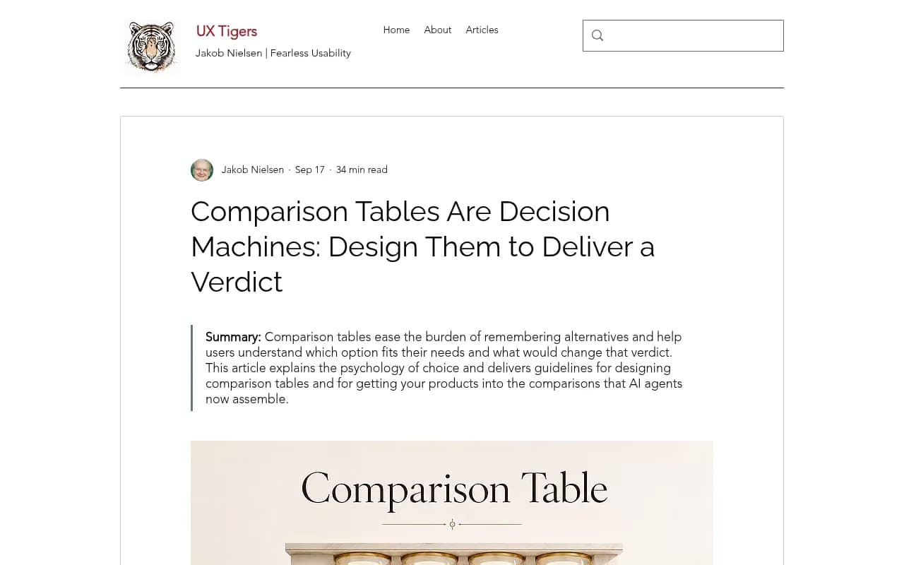 UX Tigers guidelines on designing comparison tables