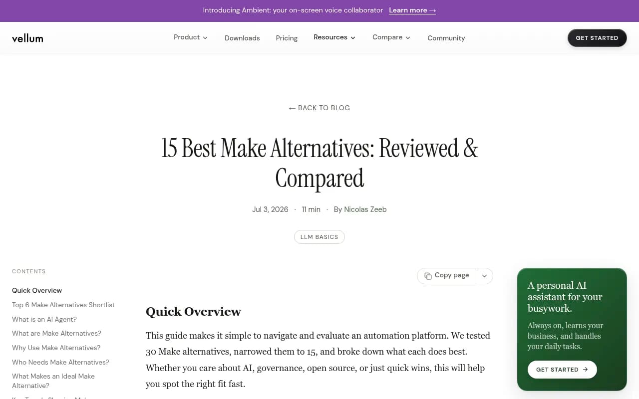 Vellum's comparison of 15 Make alternatives, with a shortlist of AI-focused platforms