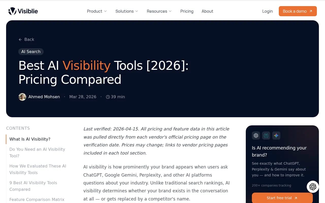 AI visibility tools comparison data from Visiblie's 2026 roundup