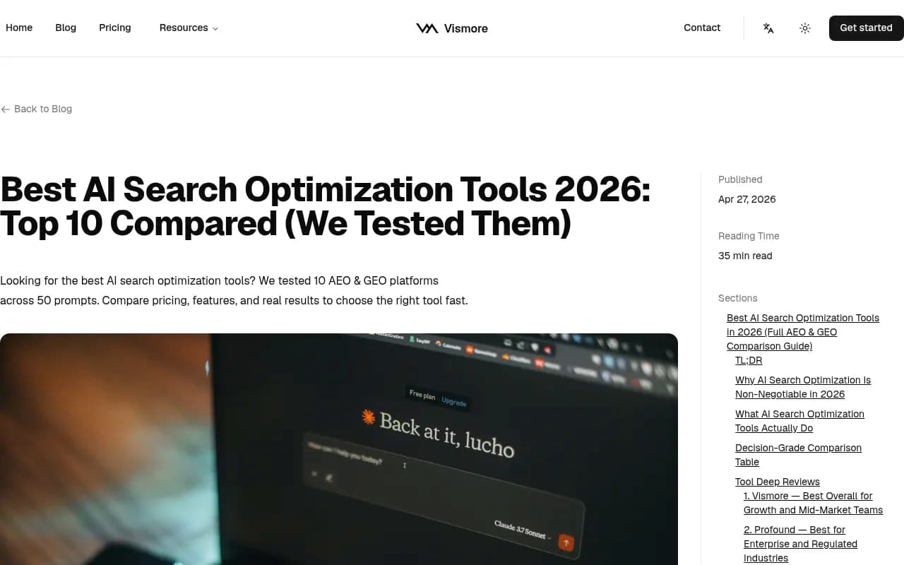 Vismore's 2026 comparison of AI search optimization tools, showing the range from monitoring-only to full optimization platforms