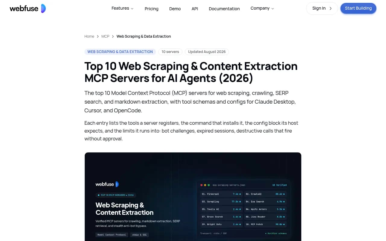 Webfuse's ranked list of web scraping MCP servers with GitHub stars and transports