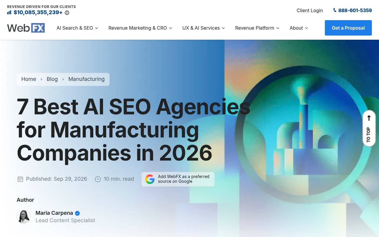 WebFX's list of the best AI SEO agencies for manufacturing companies, which ranks WebFX first using its own scoring