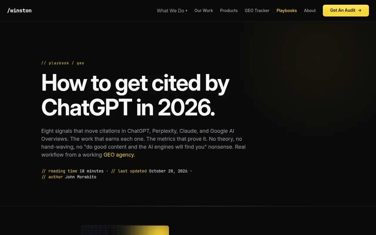 Winston Digital's guide to getting cited by ChatGPT in 2026, which lists domain authority and chunk-level citability as the two biggest signals