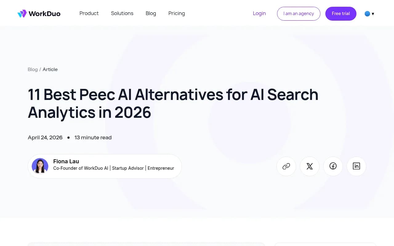 Peec AI alternatives comparison overview from WorkDuo showing pricing tiers and feature breakdown