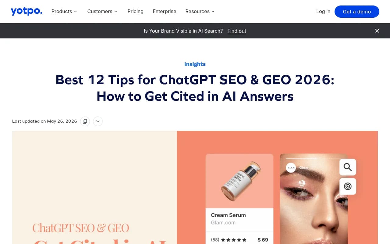 Yotpo's GEO guide showing how AI citation signals work for e-commerce brands in 2026