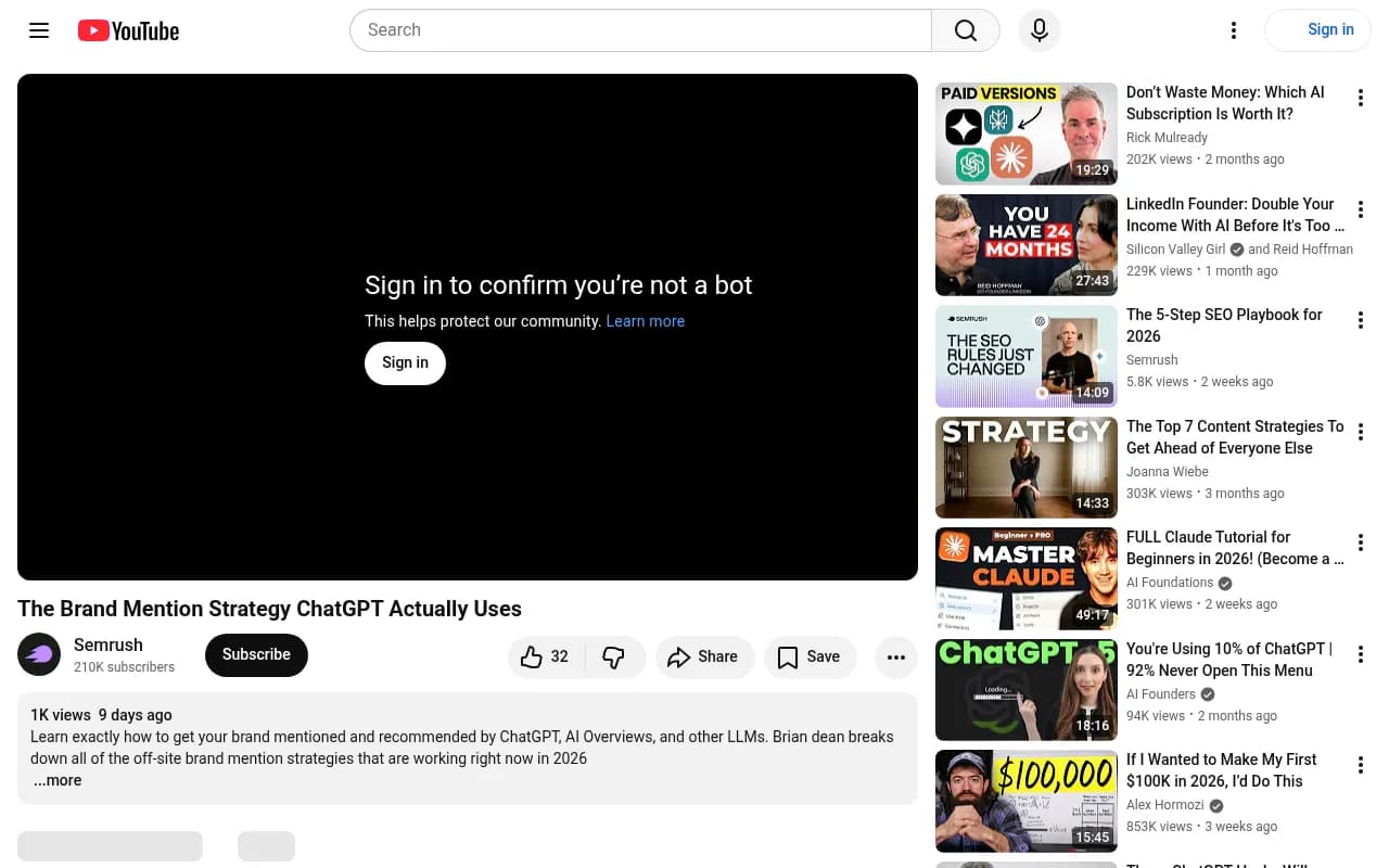 Brian Dean's Semrush video on brand mention strategies for ChatGPT visibility