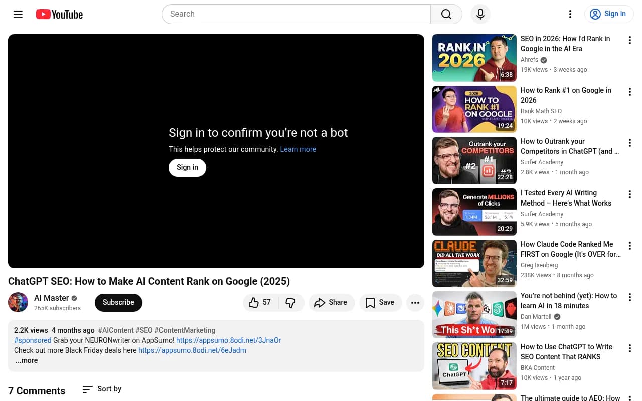 NeuronWriter optimization workflow showing content score improvement from ChatGPT baseline to optimized version