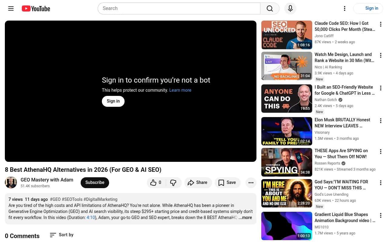 YouTube video comparing 8 AthenaHQ alternatives for GEO and AI SEO in 2026