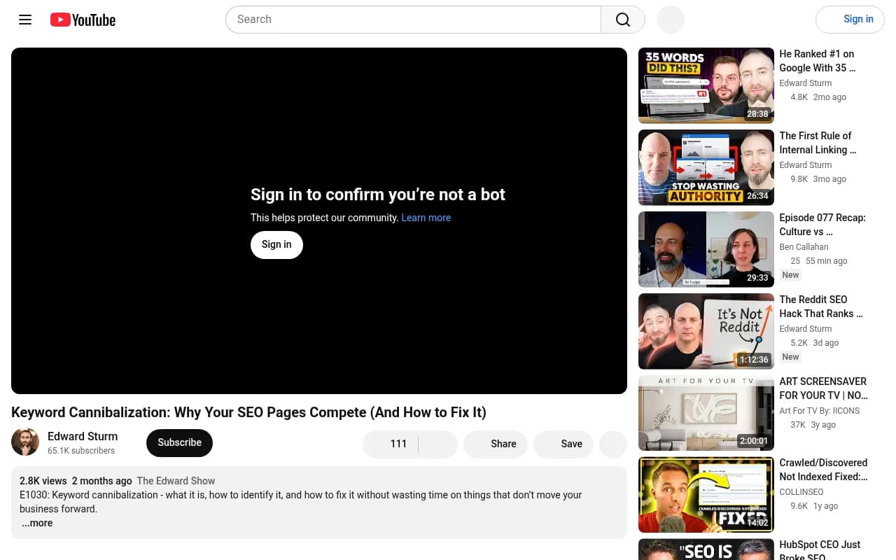 YouTube video on keyword cannibalization and how to fix it