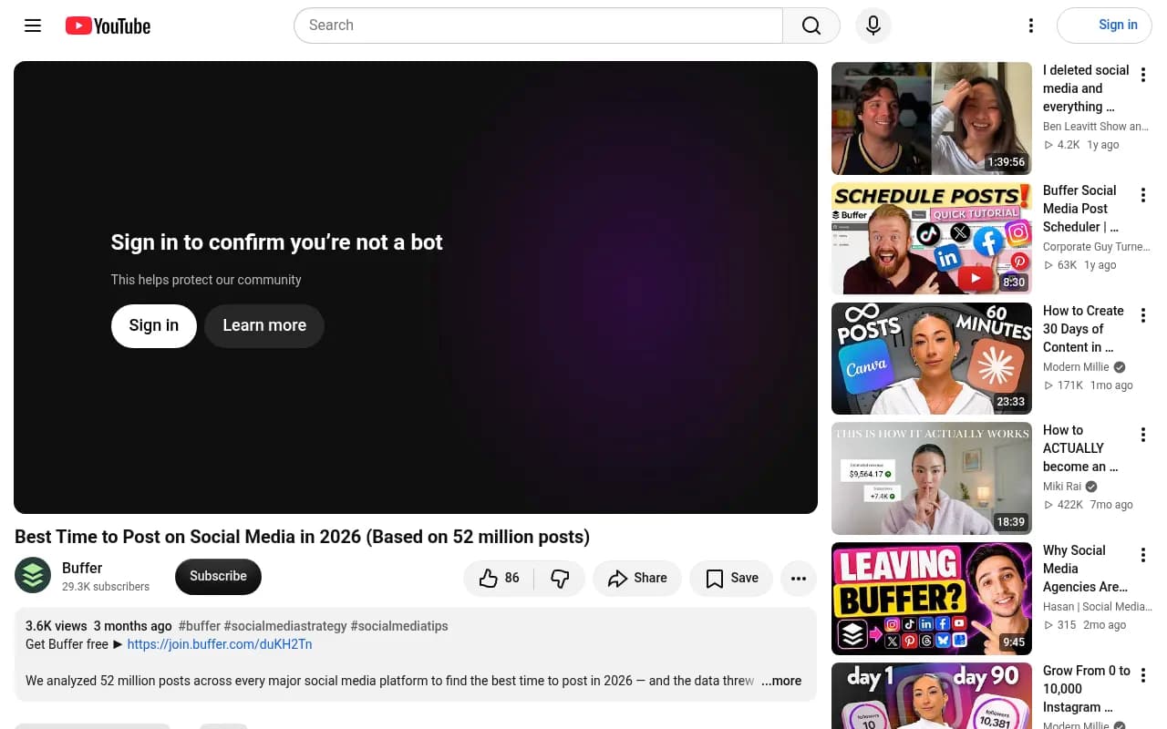 Screenshot of Buffer's 2026 video study on the best time to post on social media, based on 52 million posts across Facebook, Instagram, LinkedIn, TikTok, YouTube, X, and Threads.
