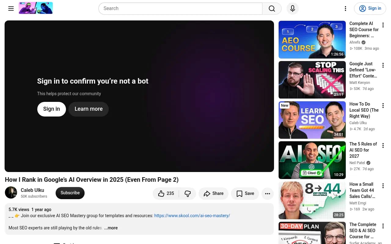 YouTube video walkthrough on ranking in AI Overviews from page two