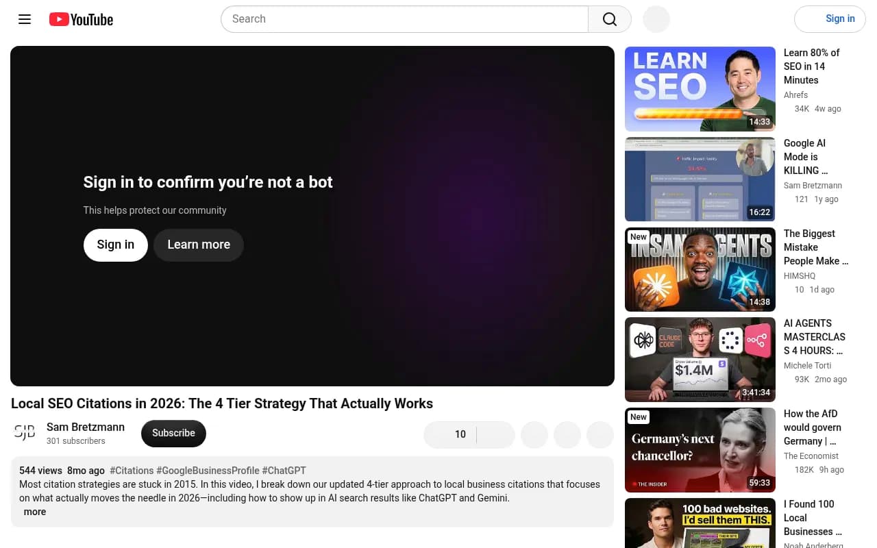 Screenshot of Sam Bretzmann's video on a 4-tier local citation strategy