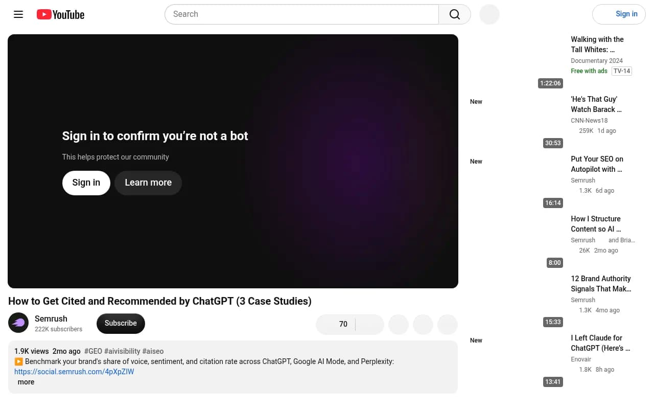 Semrush's YouTube walkthrough of how four brands earn both favorable mentions and citations in AI answers