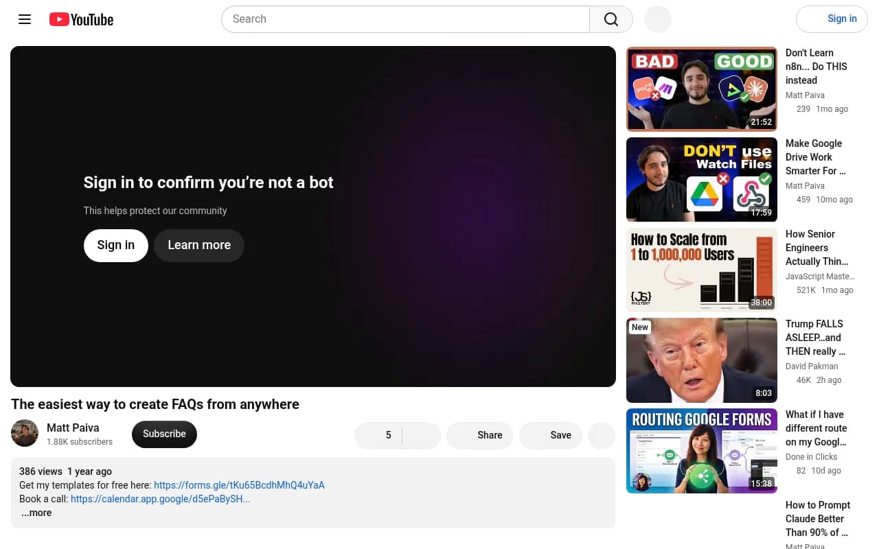 A YouTube walkthrough on automating FAQ creation with Airtable and Make