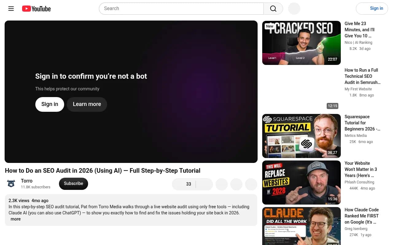 Torro Media YouTube tutorial on running an SEO audit with AI in 2026