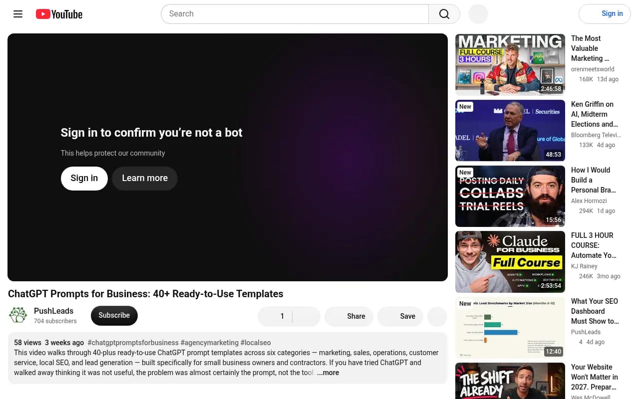PushLeads video on ChatGPT prompt templates for small business