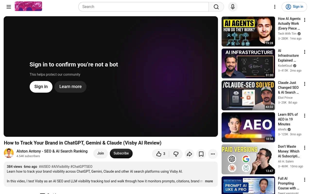 Video walkthrough of Visby AI tracking prompts, citations and competitors across ChatGPT, Gemini and Claude