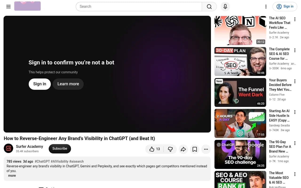 Surfer Academy video on reverse-engineering any brand's visibility in ChatGPT